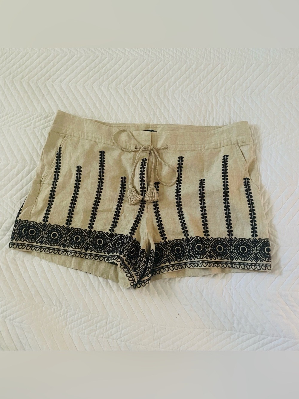 LOFT Beige High-Waist Embroidered Tassel Shorts